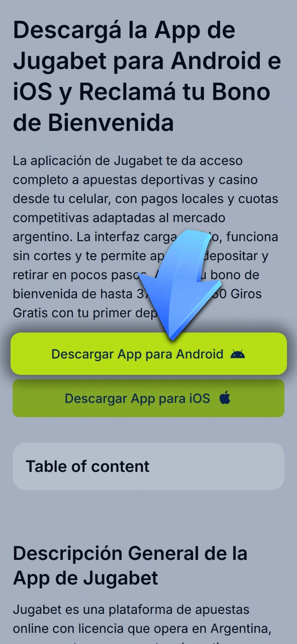 Tocá el botón de instalación rápida para bajar la aplicación de Jugabet en Android.
