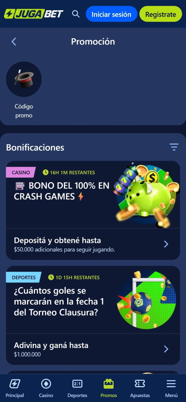 Explorá la sección de bonos y recompensas en la app de Jugabet.