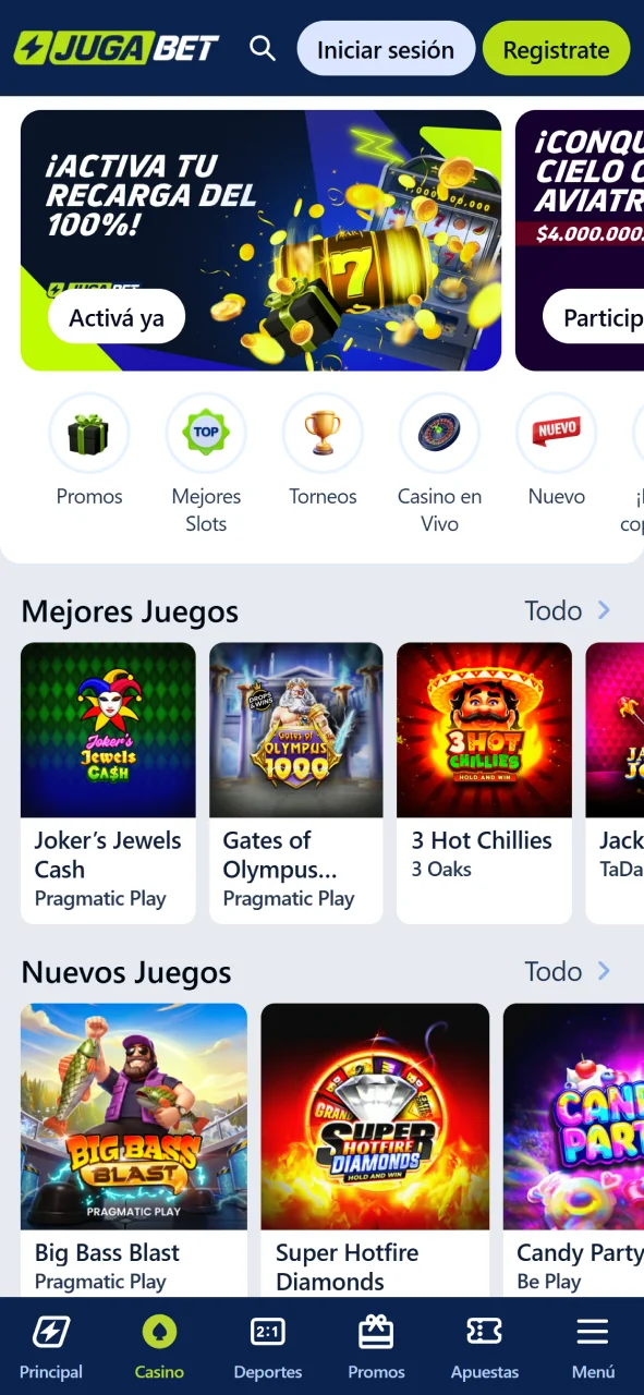 Navegá por el lobby de slots y mesas en vivo en la app de Jugabet.