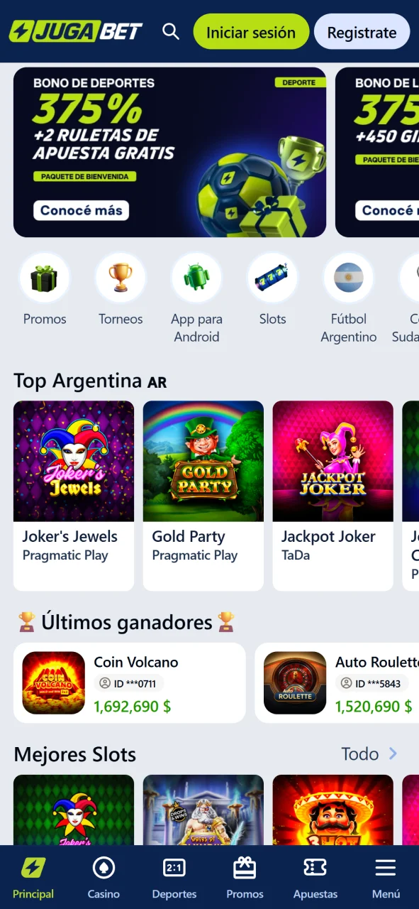 Recorré la pantalla principal de la aplicación móvil de Jugabet.