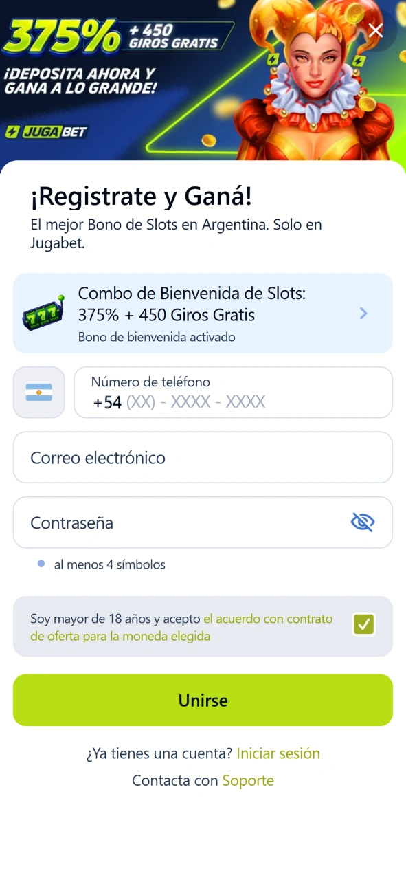 Abrí el formulario de registro rápido desde la app de Jugabet.