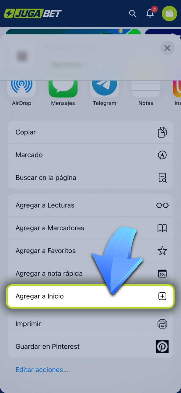 Seleccioná la opción Agregar a inicio en Safari para instalar Jugabet en iOS.
