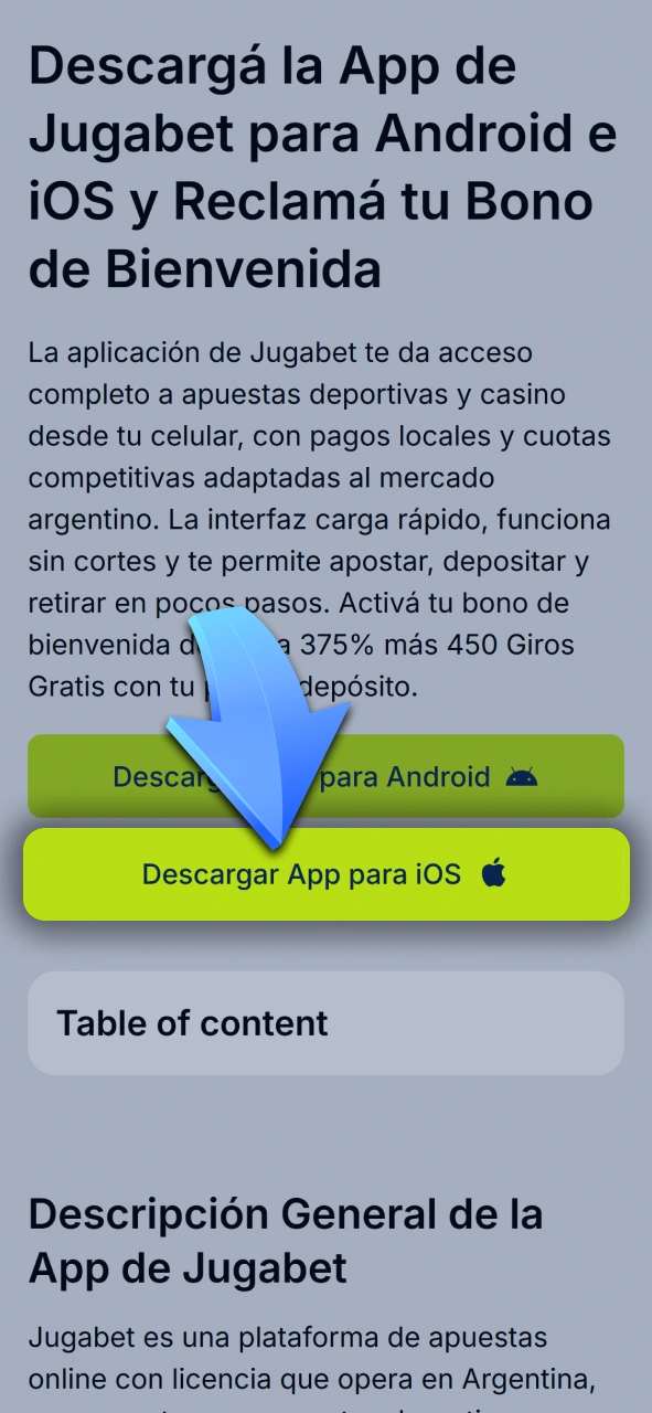 Presioná el botón de acción para iniciar el proceso de instalación en iOS con Jugabet.