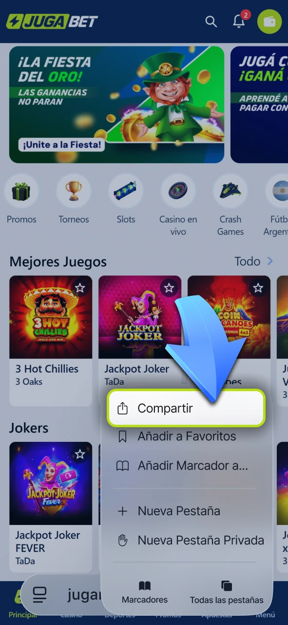 Tocá el botón Compartir de Safari para comenzar a instalar Jugabet en tu iPhone.