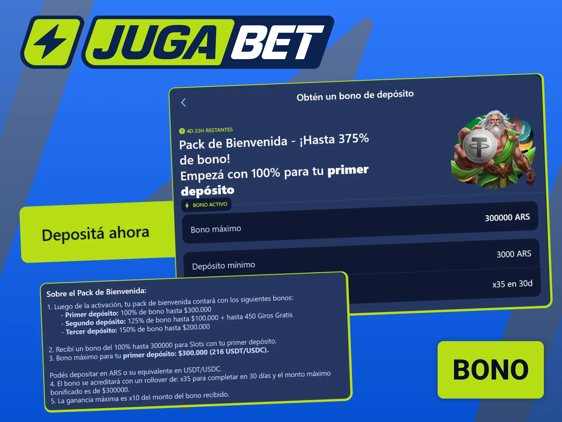 Activá tu bono de bienvenida al realizar tu depósito en Jugabet.