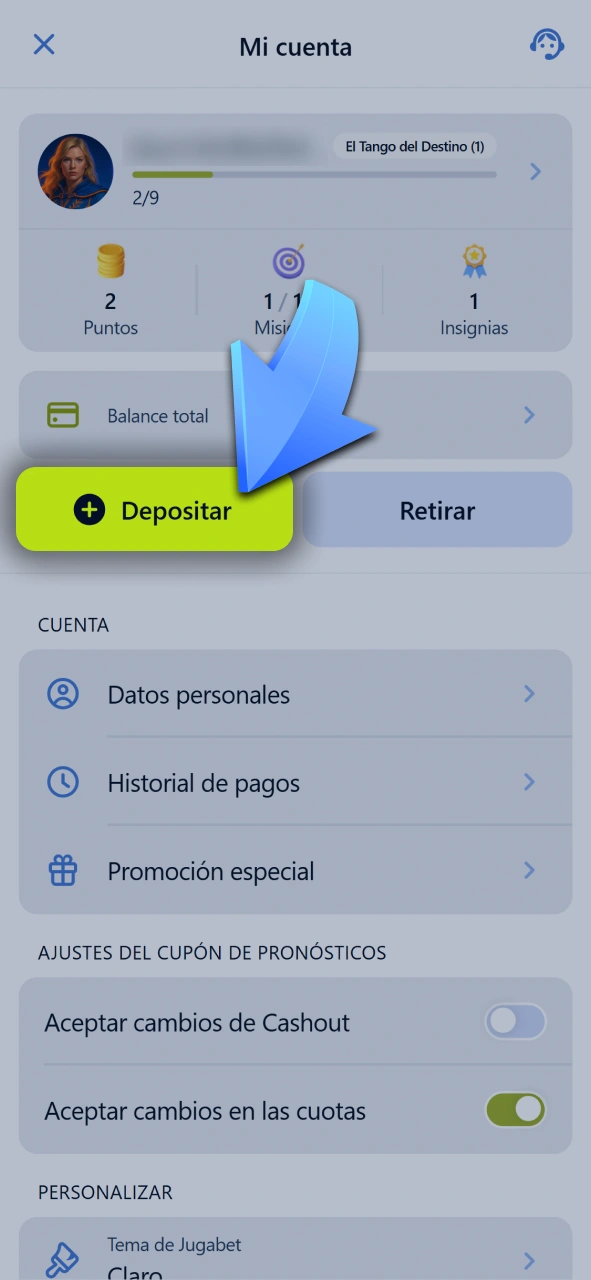 Abrí la ventana del cajero para recargar dinero en Jugabet.