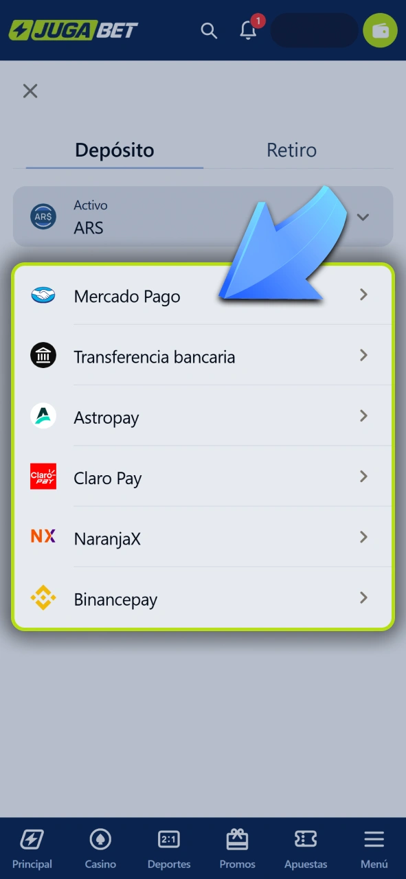 Elegí tu medio de pago preferido para depositar en Jugabet.