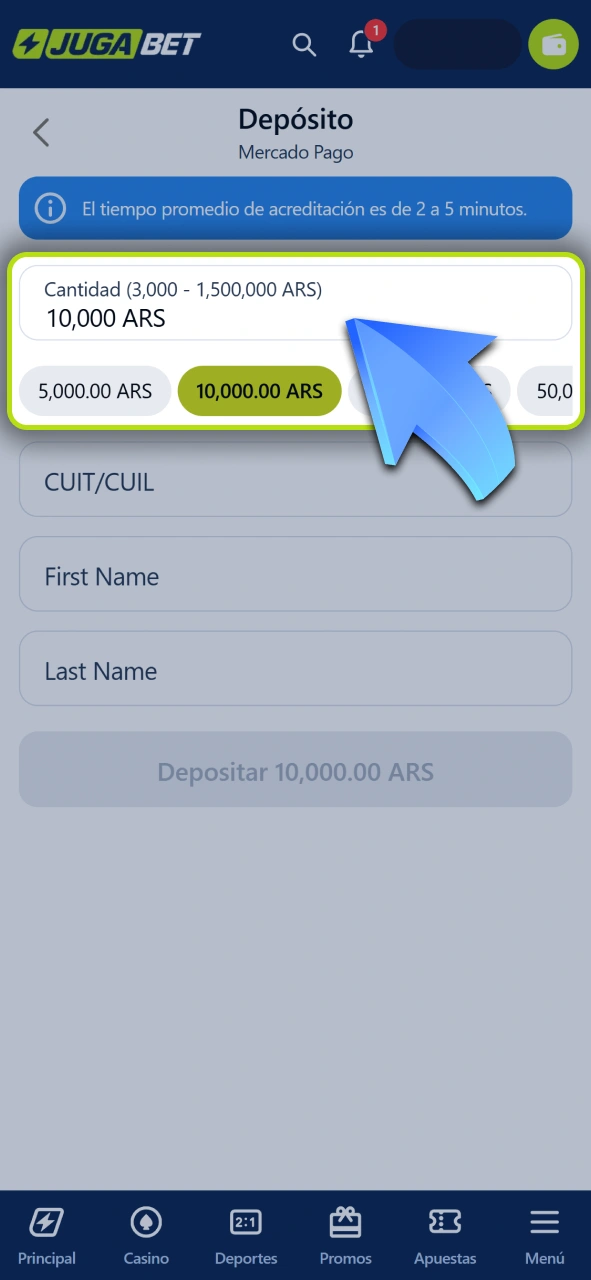 Indicá el monto exacto de dinero que querés ingresar en Jugabet.