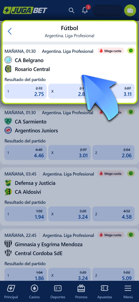 Seleccioná la liga o torneo de fútbol en el que querés apostar en Jugabet.