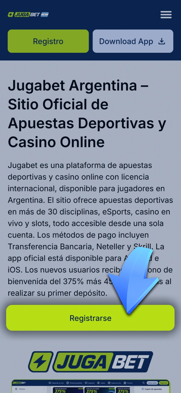 Ingresá a la plataforma oficial de Jugabet desde tu navegador o celular.