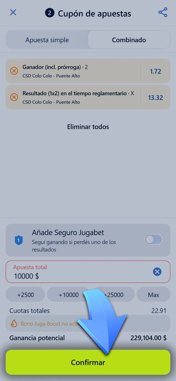 Verificá las selecciones en tu ticket y confirmá la jugada en Jugabet.