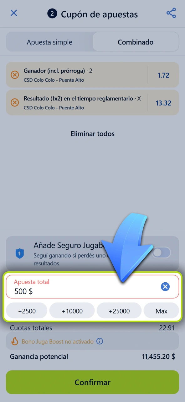 Indicá la cantidad de dinero que vas a apostar en tu cupón de Jugabet.