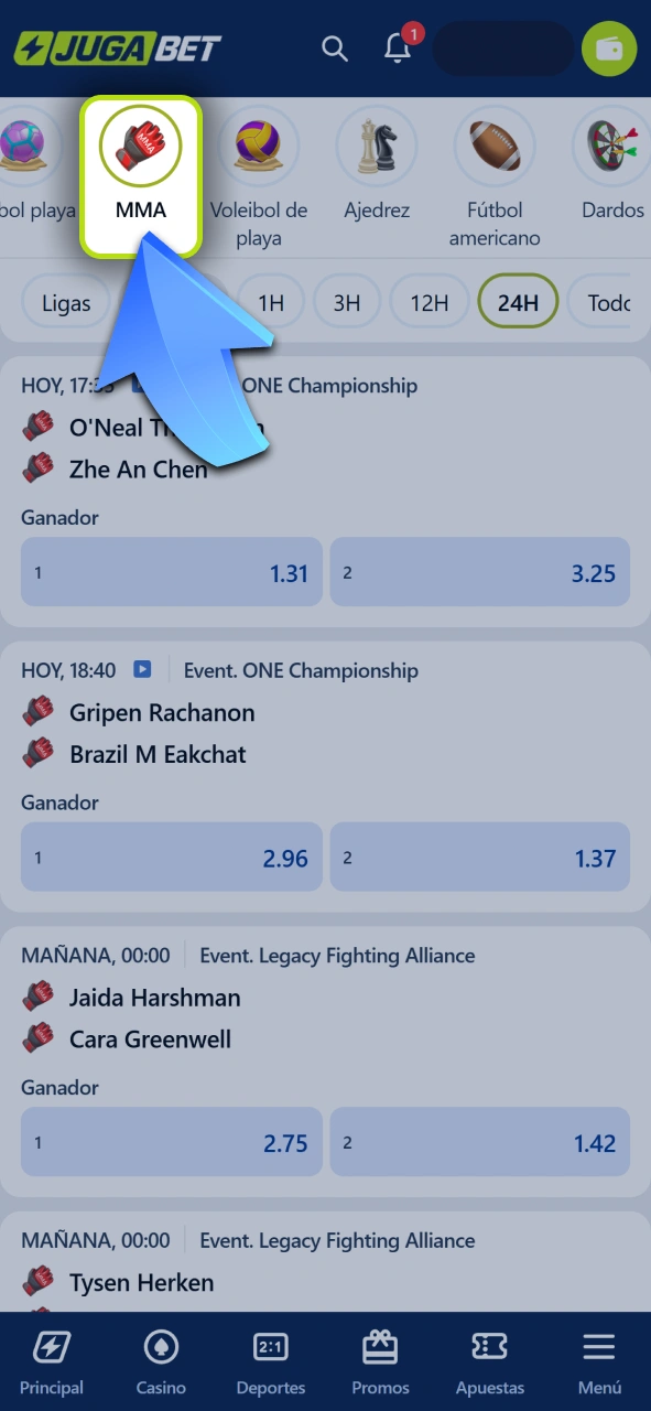 Ingresá a la sección dedicada a la MMA dentro del menú de deportes de Jugabet.
