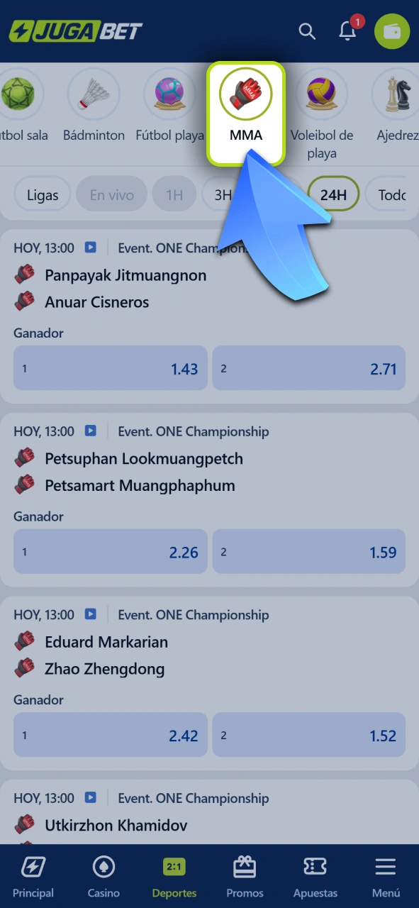 Navegá por las distintas categorías y cartelera de MMA en la app de Jugabet.
