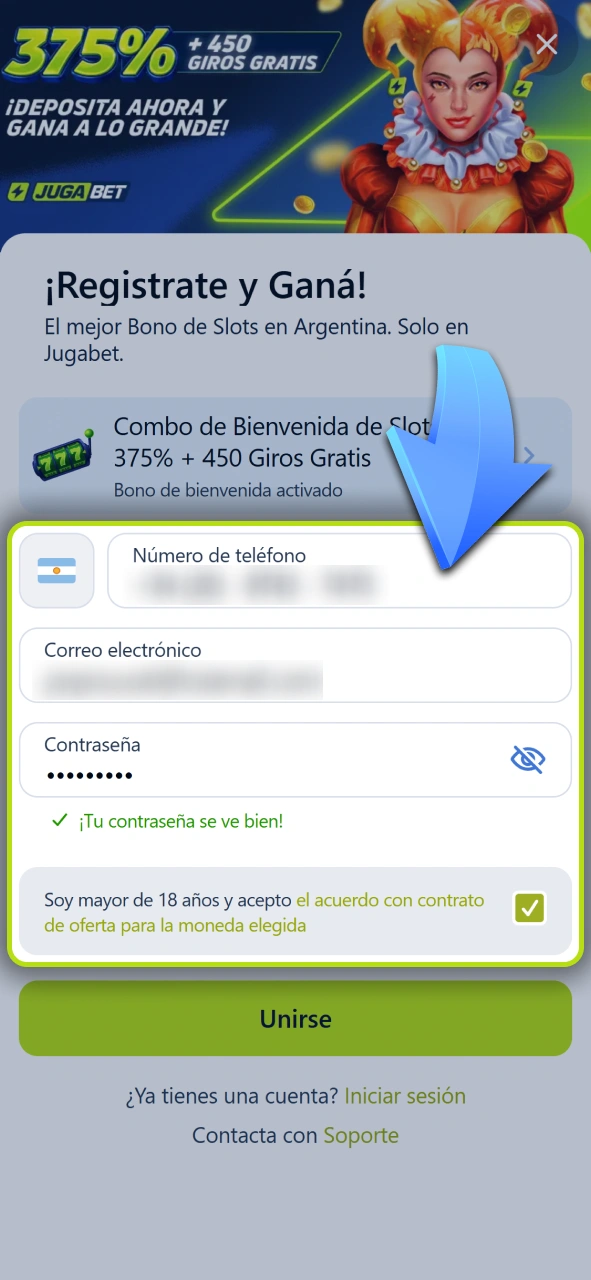 Completá el formulario de inscripción directamente desde la app de Jugabet.