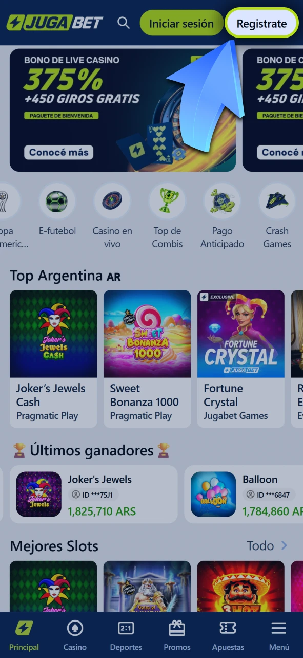 Inicia el proceso de registro abriendo la app de Jugabet en tu celular.