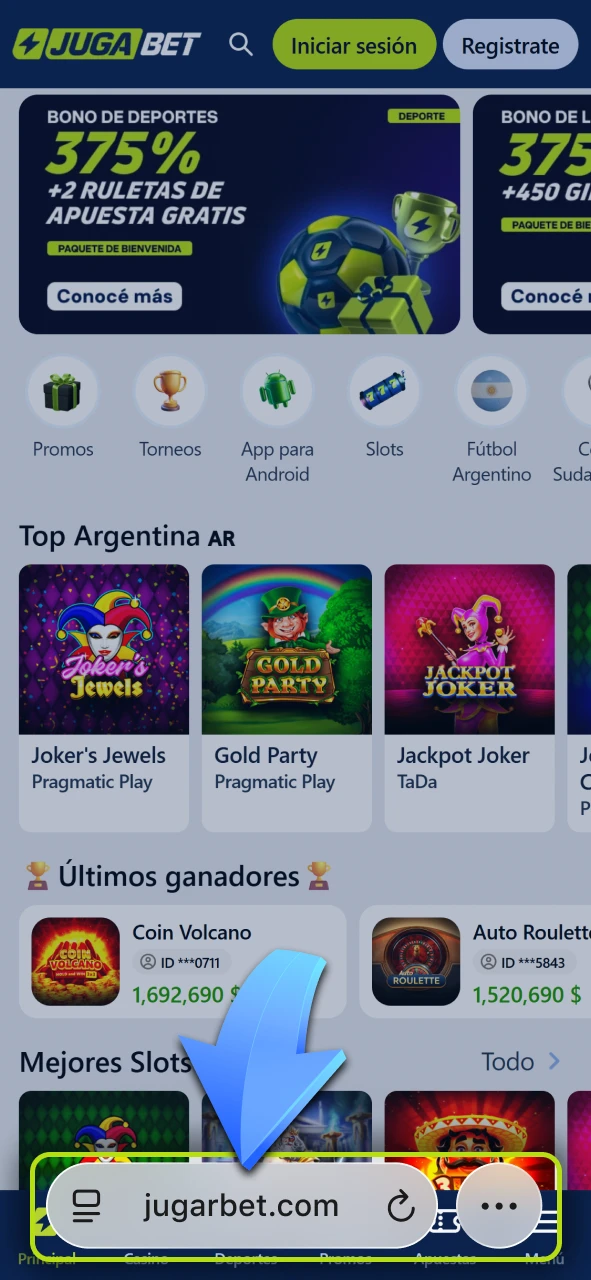 Accedé al registro móvil utilizando el navegador de tu celular en Jugabet.