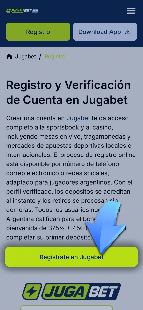 Hacé clic en el botón de registro para comenzar a crear tu usuario en Jugabet.