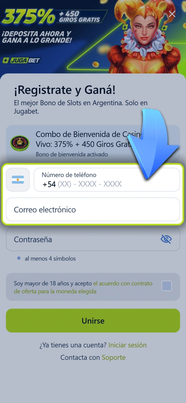 Selecciona tu método de registro preferido en Jugabet.