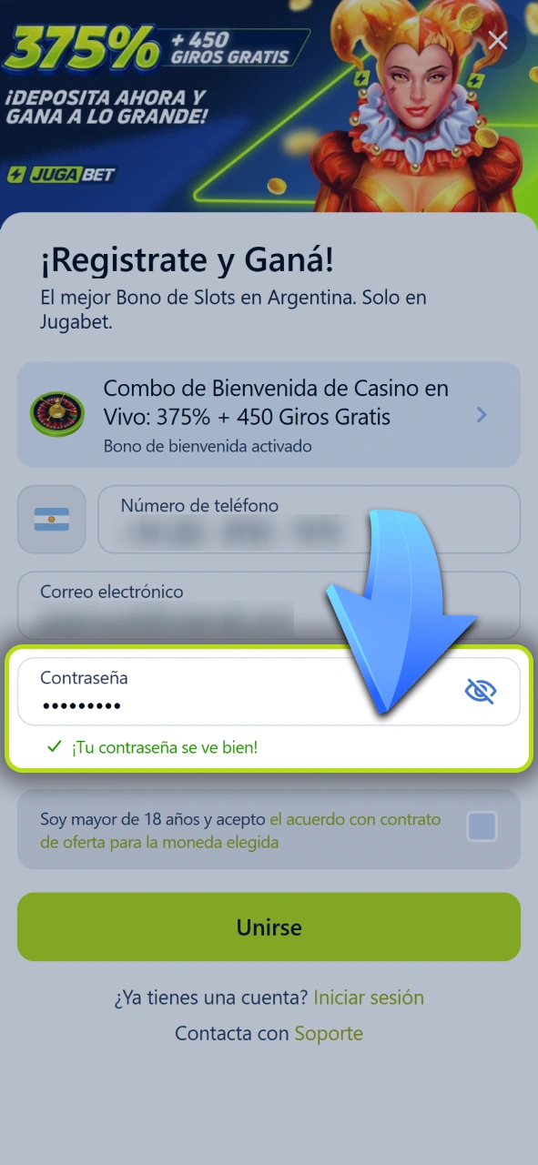 Creá una contraseña segura para proteger tu nueva cuenta de usuario en Jugabet.