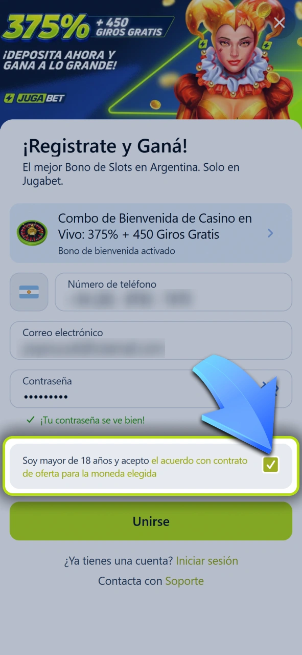 Aceptá los términos y condiciones generales para finalizar tu inscripción en Jugabet.