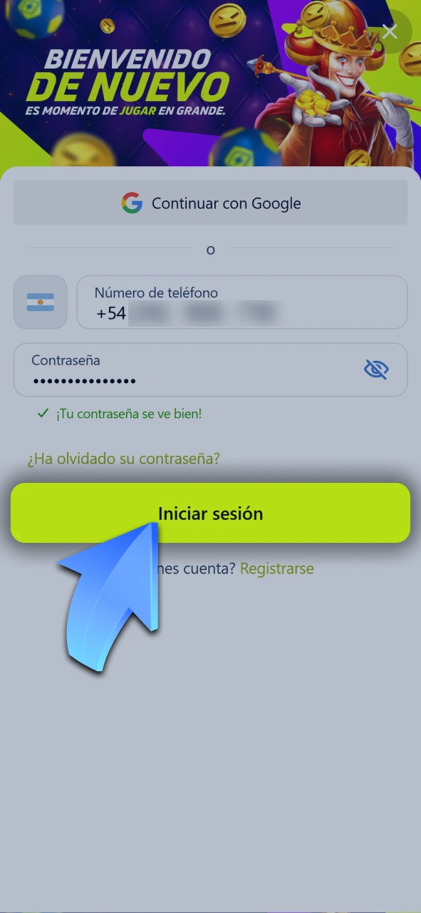 Inicia sesión en tu cuenta de usuario para retirar fondos a Jugabet.
