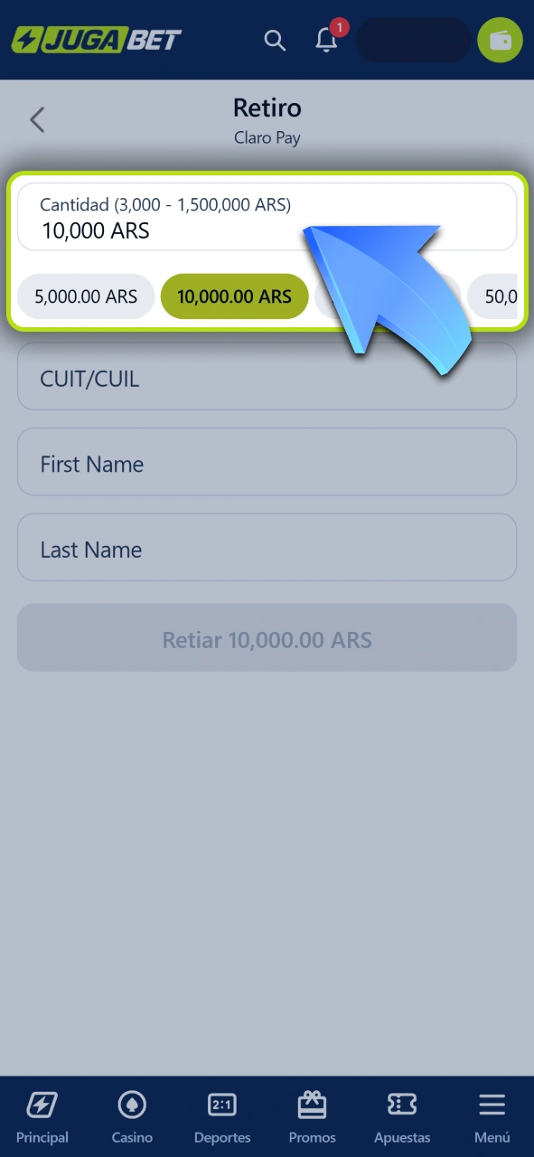 Seleccioná la cantidad de saldo disponible que vas a retirar en Jugabet.