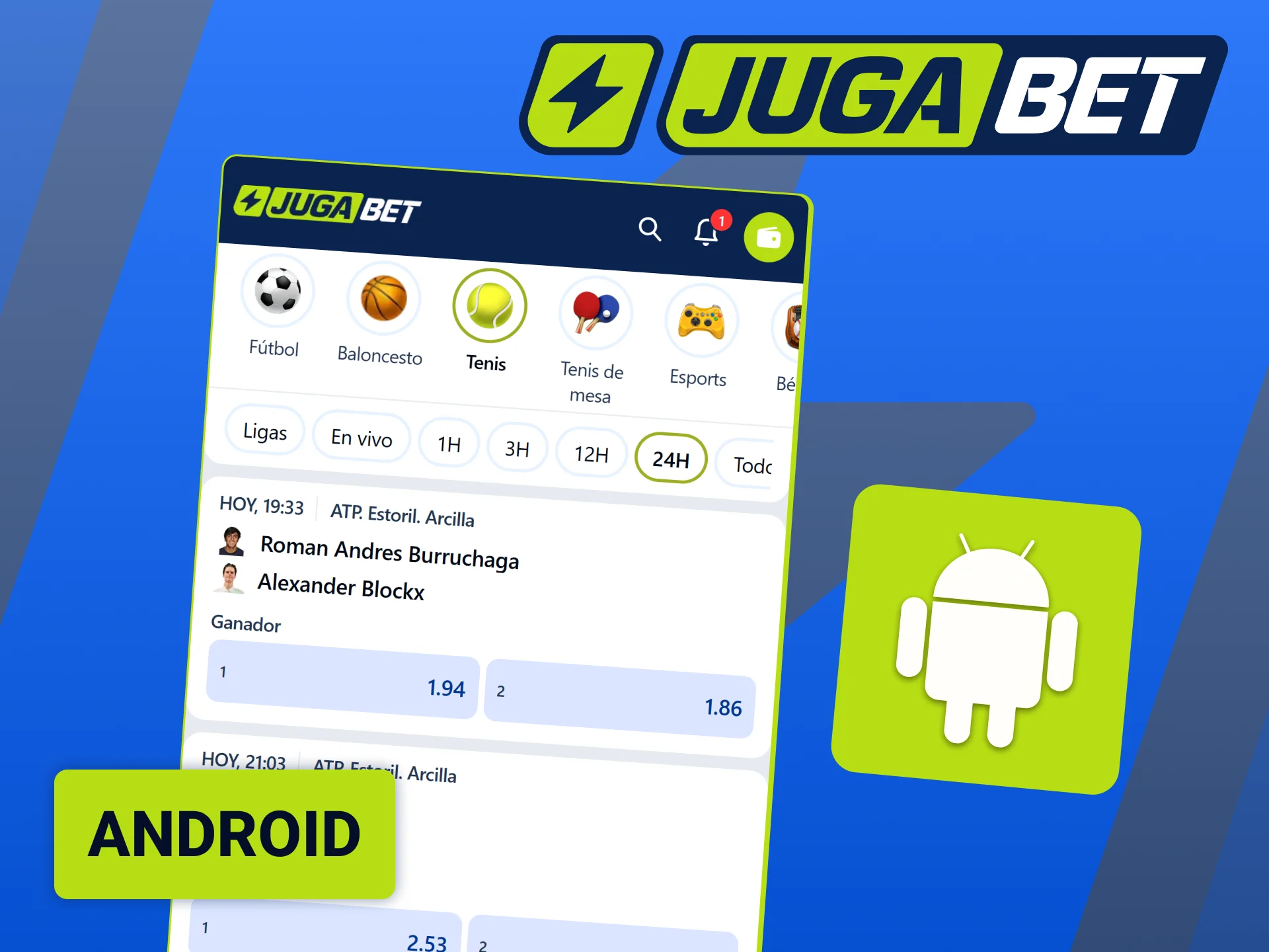 Bajá la app de Jugabet para Android y apostá en los circuitos de tenis desde tu celular.