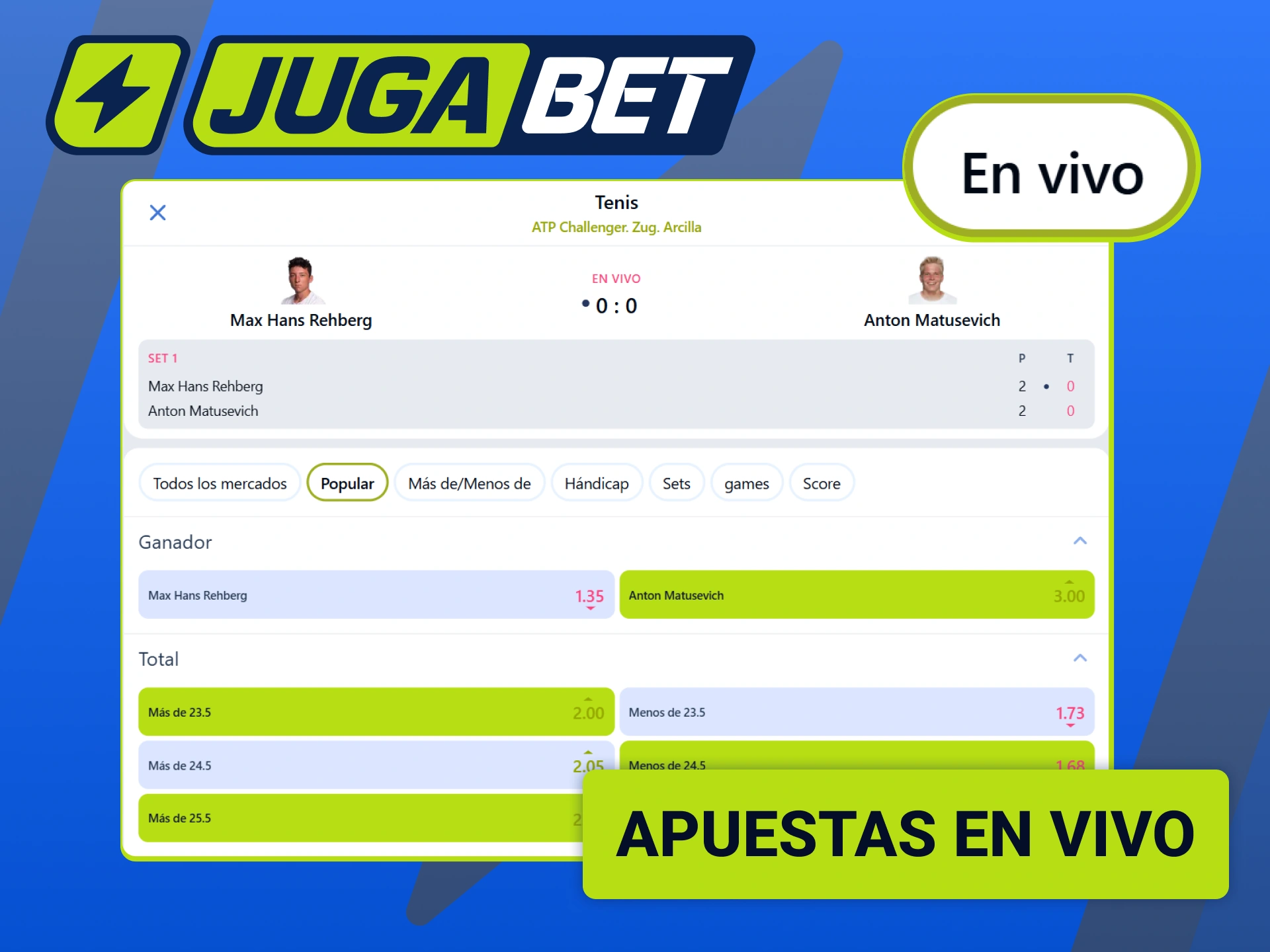 Apostá en tiempo real punto a punto en los partidos de tenis en vivo en Jugabet.