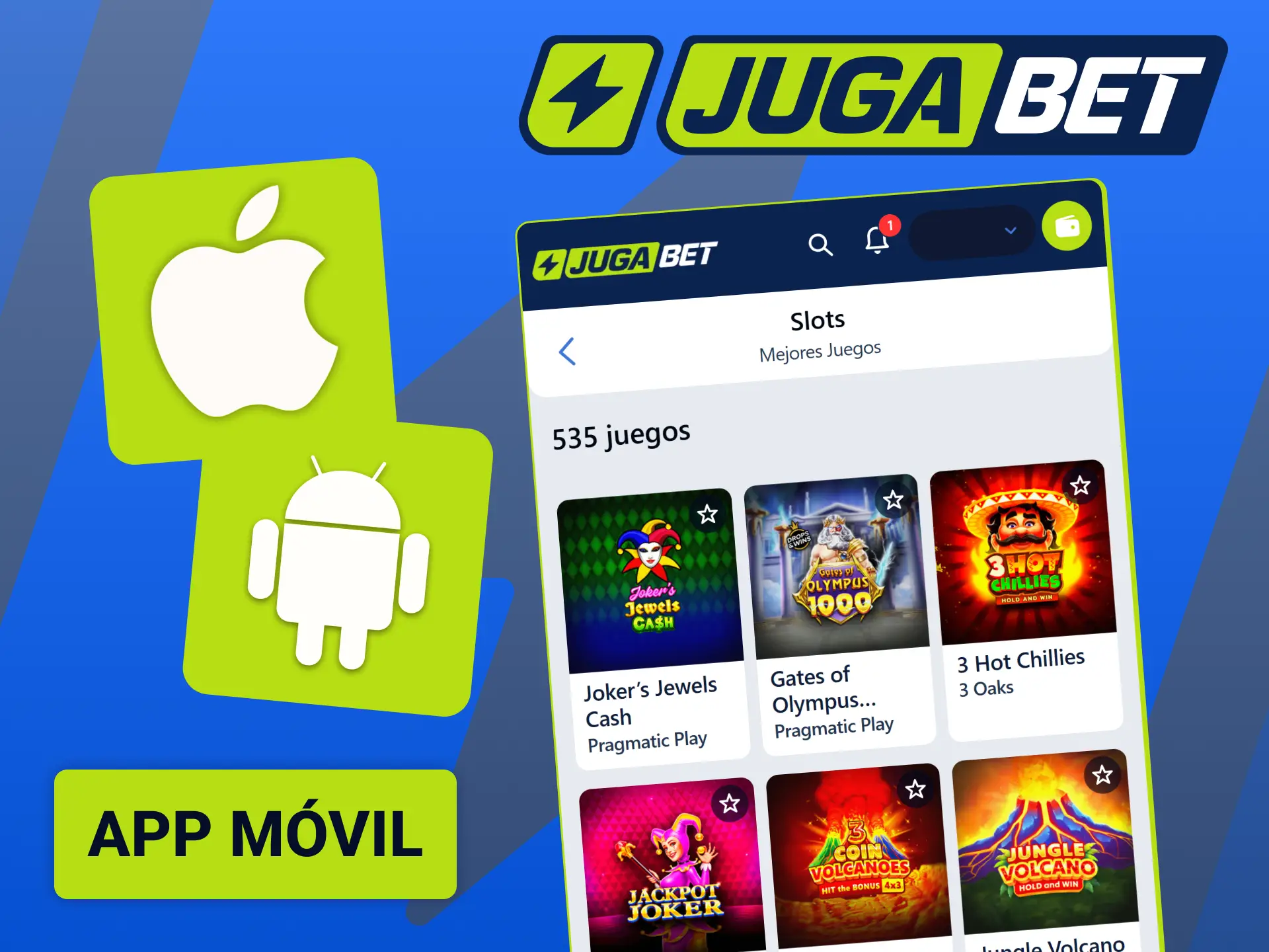 Jugá a tus tragamonedas favoritas directamente desde la app móvil de Jugabet.