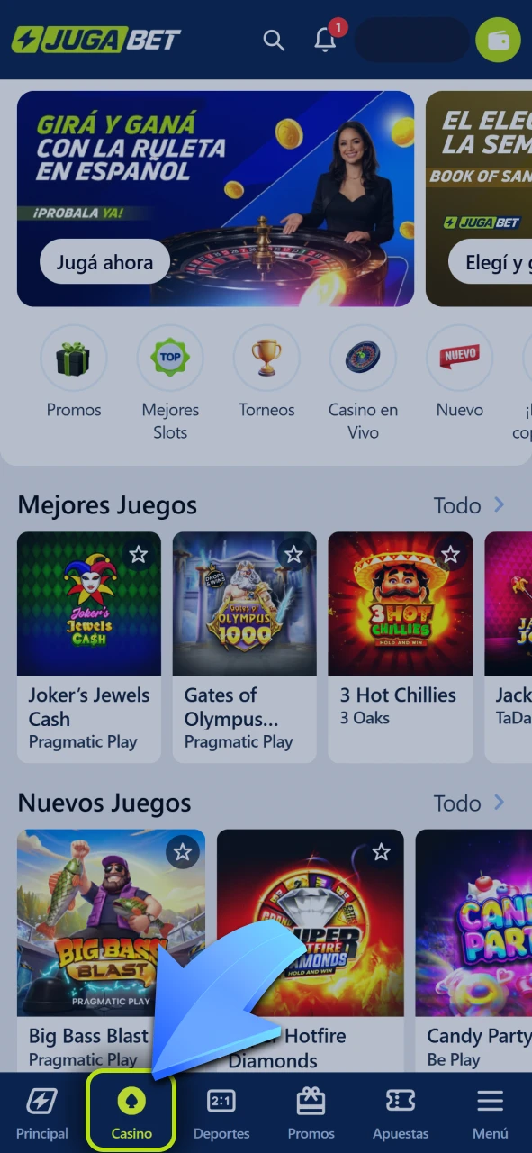Explorá la gran colección de juegos dentro del lobby de tragamonedas de Jugabet.